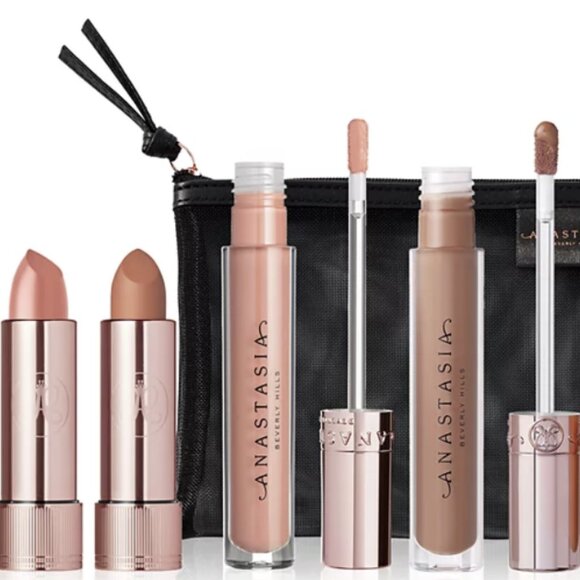 Anastasia5-Pc. Lip Essentials Set 2 Lipsticks 2 gloss, makeup bag NEW
